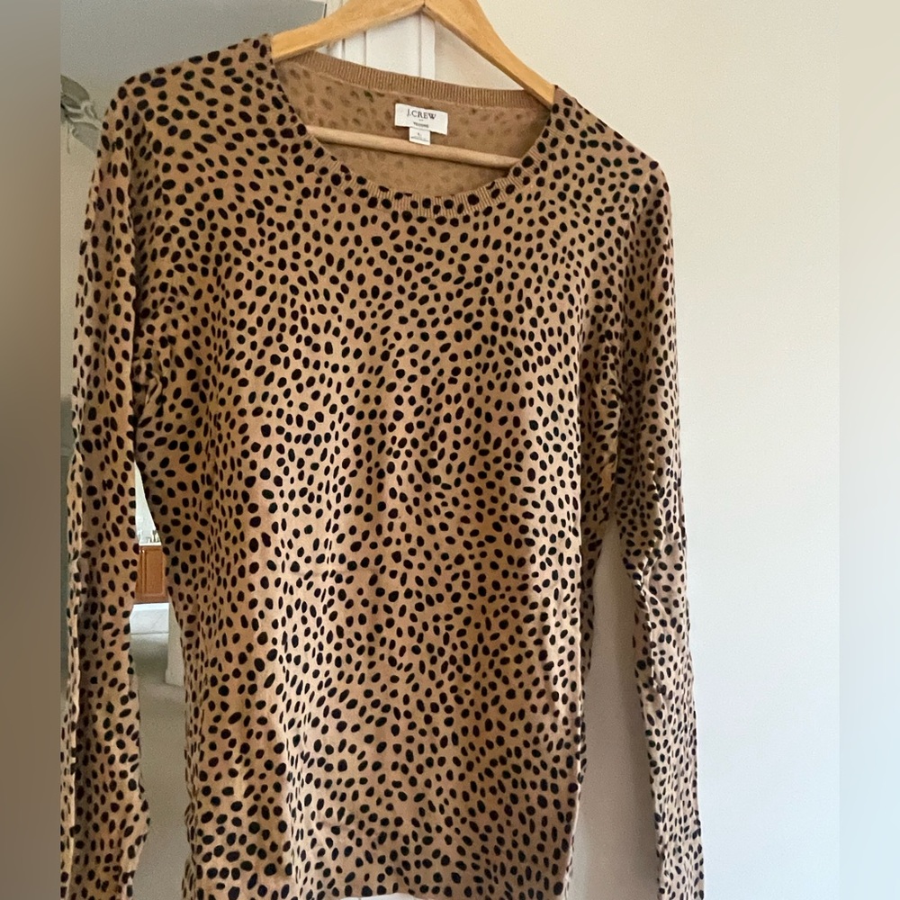 J Crew Animal Print Tan Black Spotted Sweater Womens Size L NWOT